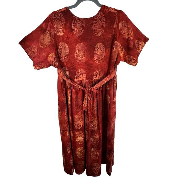 Smithsonian Institution Orange Short Sleeve Pleated Rayon Long Button Up Dress L - Picture 2 of 7